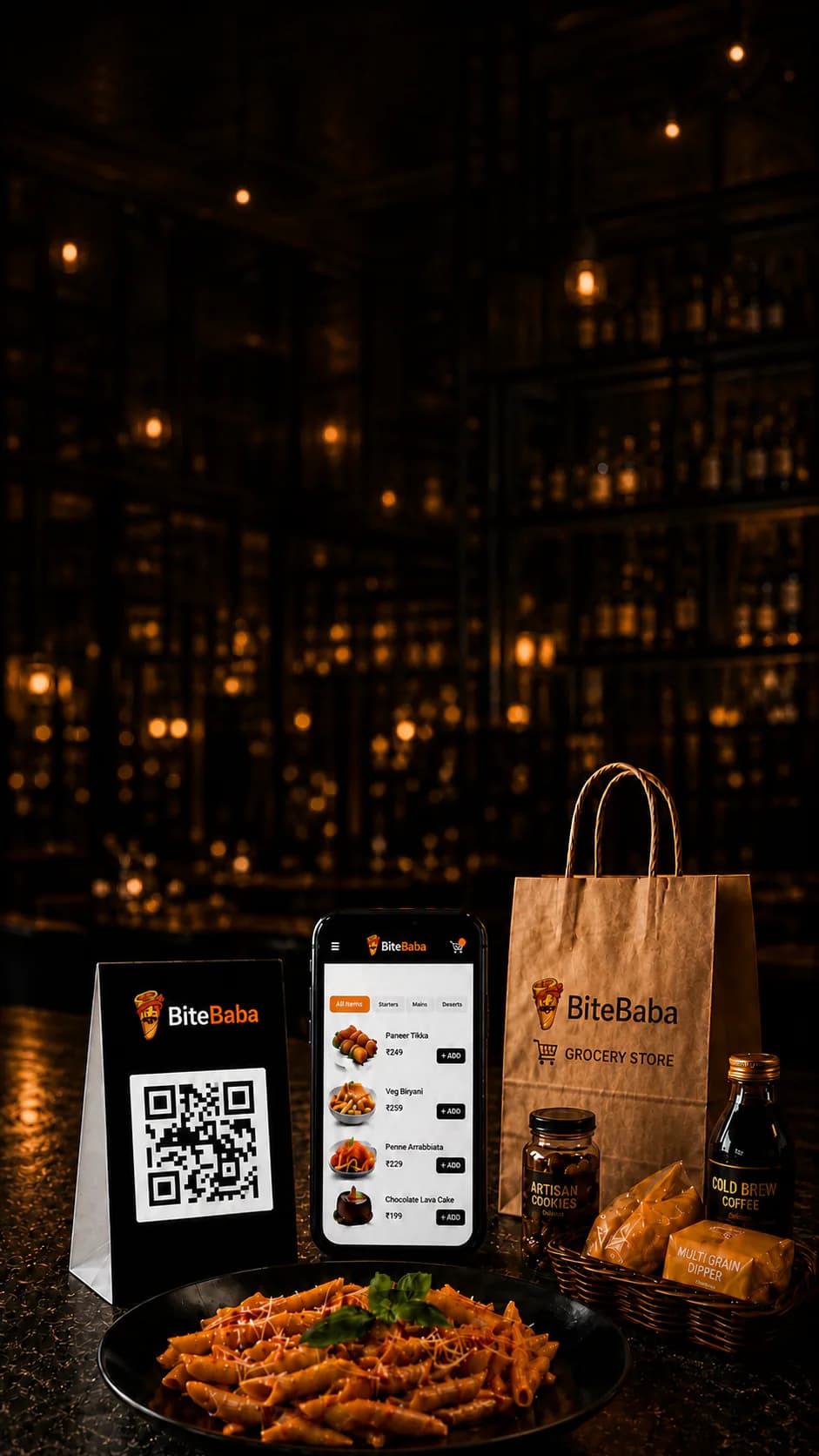 Bite Baba QR menu, restaurant plate, and food-store grocery bag on a dark table