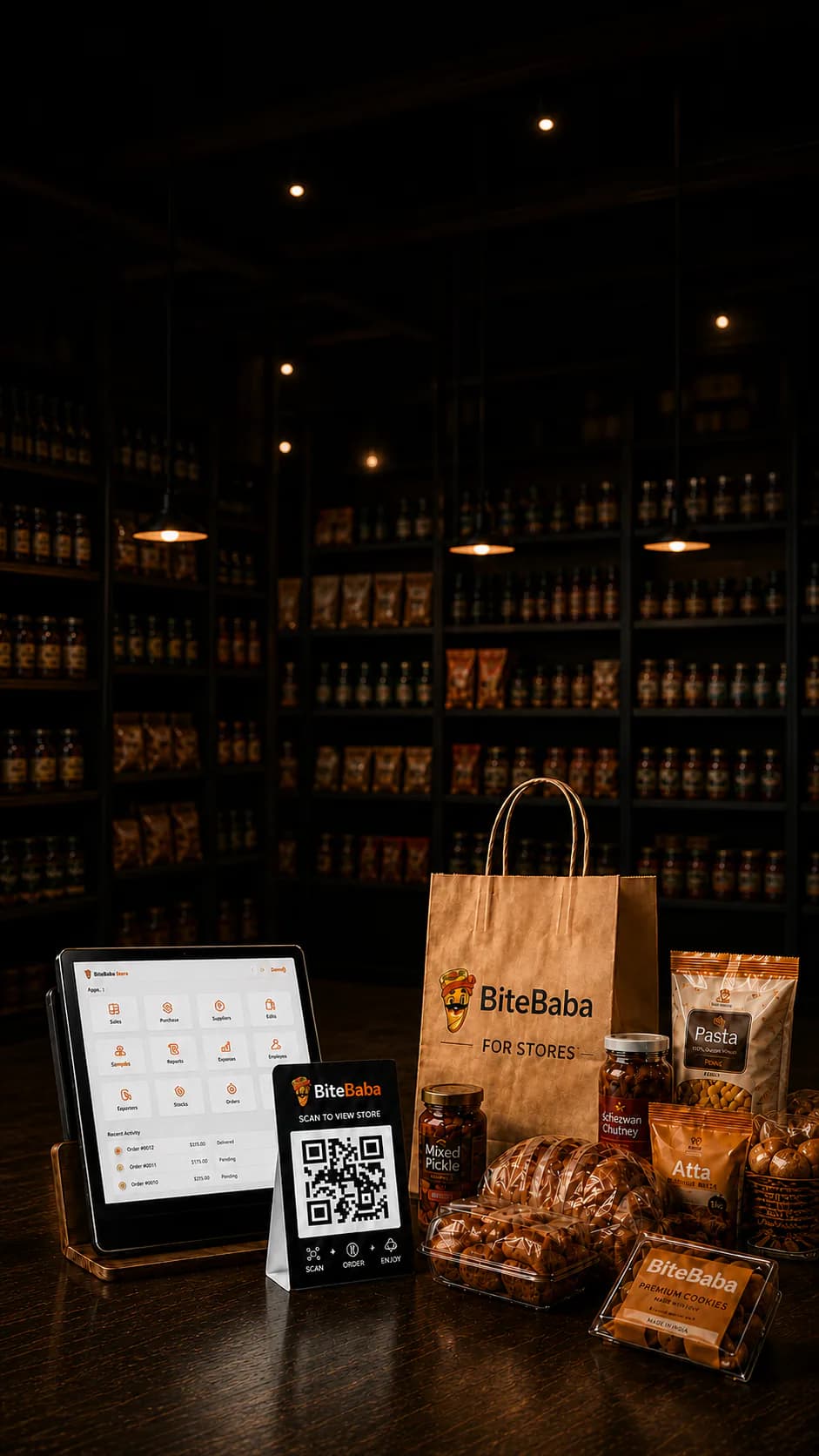 Bite Baba store counter with tablet, QR stand, and grocery products