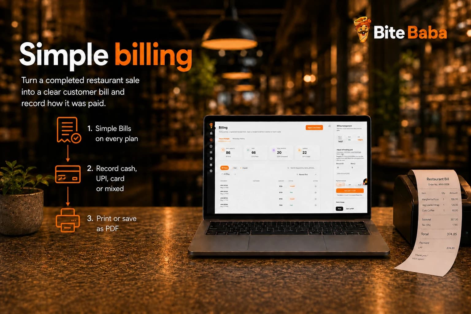 Bite Baba Restaurant Billing overview with Simple Bill management context